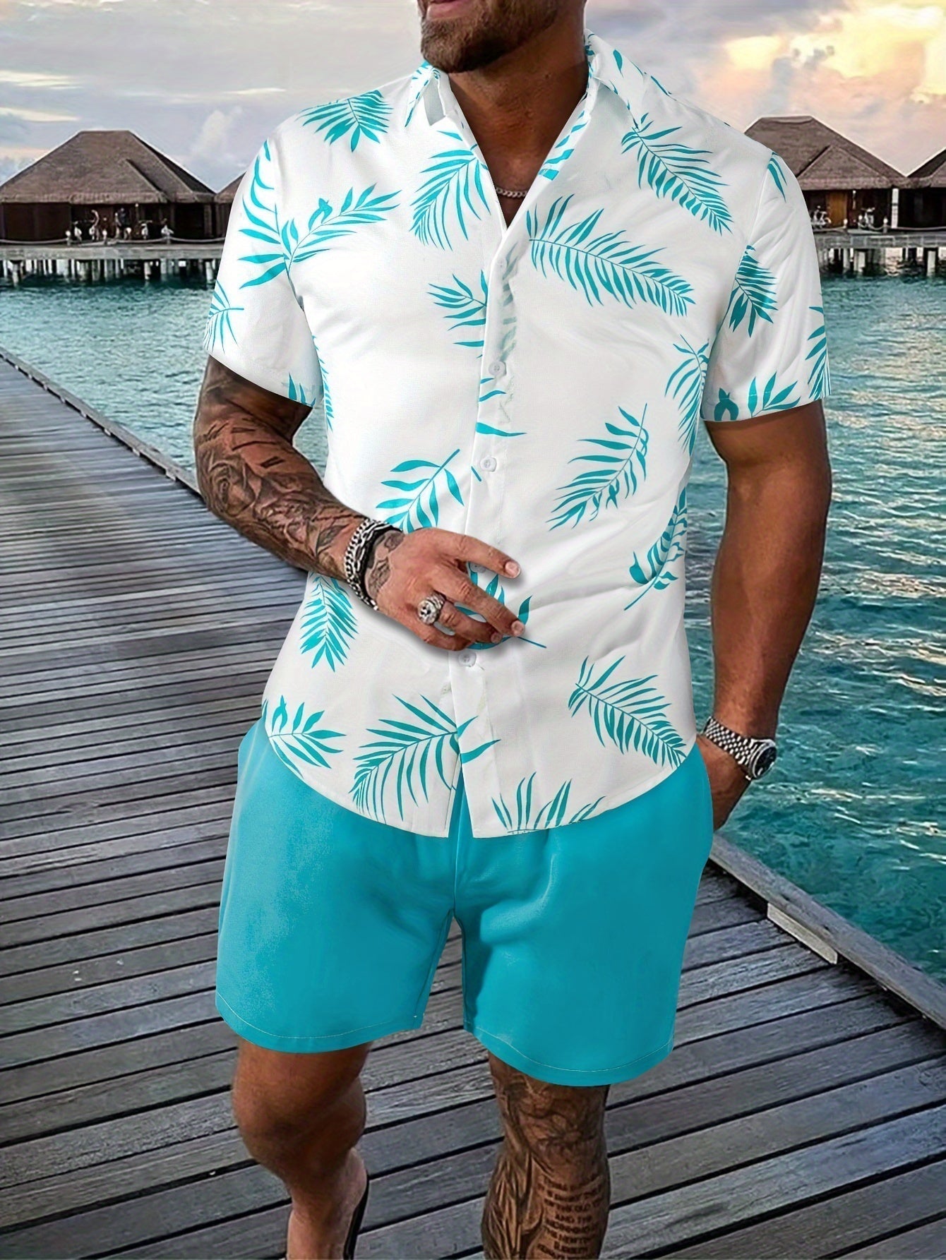 Herren Set Blätterdruck Hemd Shorts 100% Baumwolle