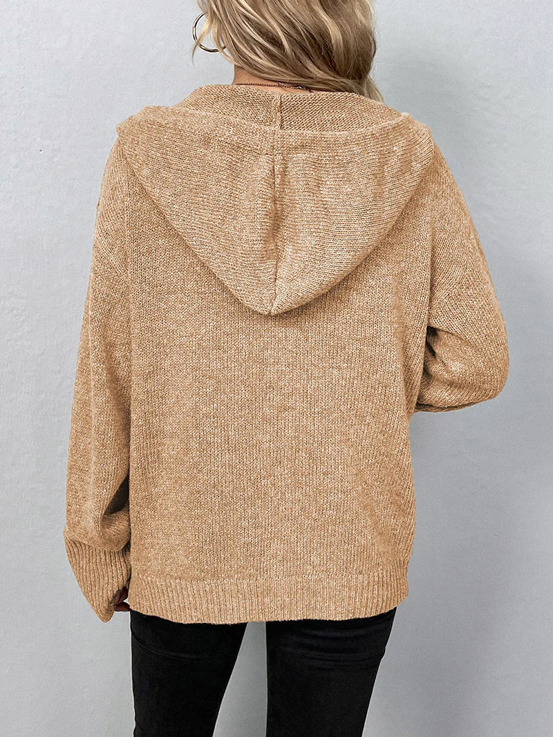 Kathryn - Lässiger Herbst Knopf-Verschluss Kordelzug Kapuzen Cardigan für Damen