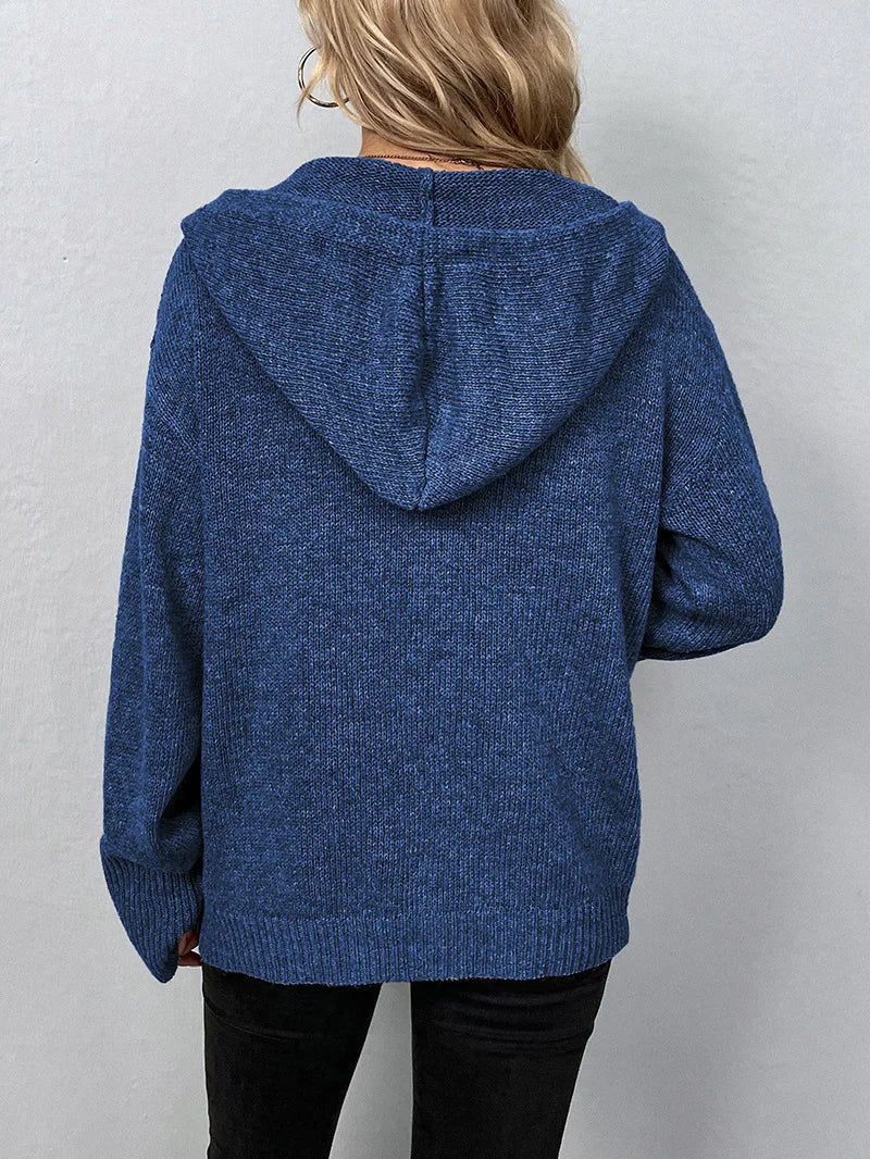 Kathryn - Lässiger Herbst Knopf-Verschluss Kordelzug Kapuzen Cardigan für Damen