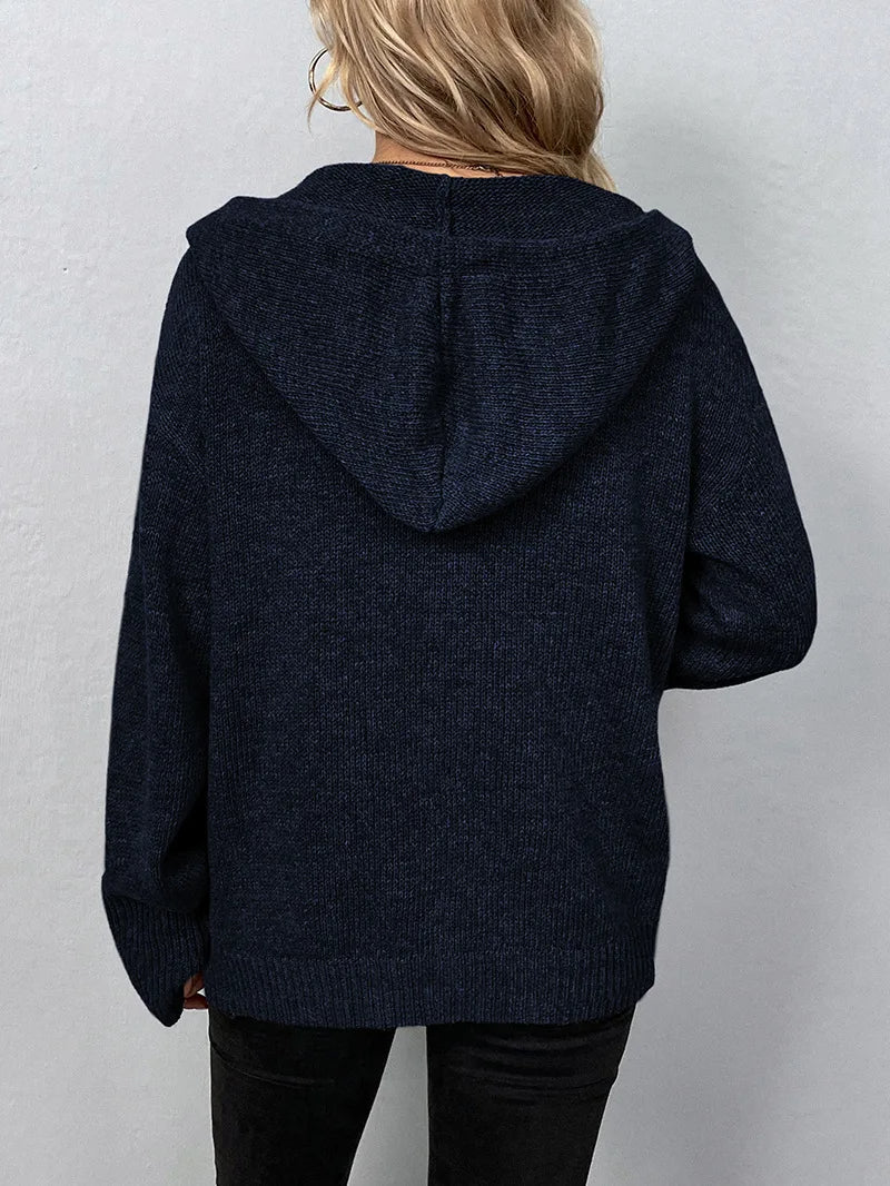 Kathryn - Lässiger Herbst Knopf-Verschluss Kordelzug Kapuzen Cardigan für Damen