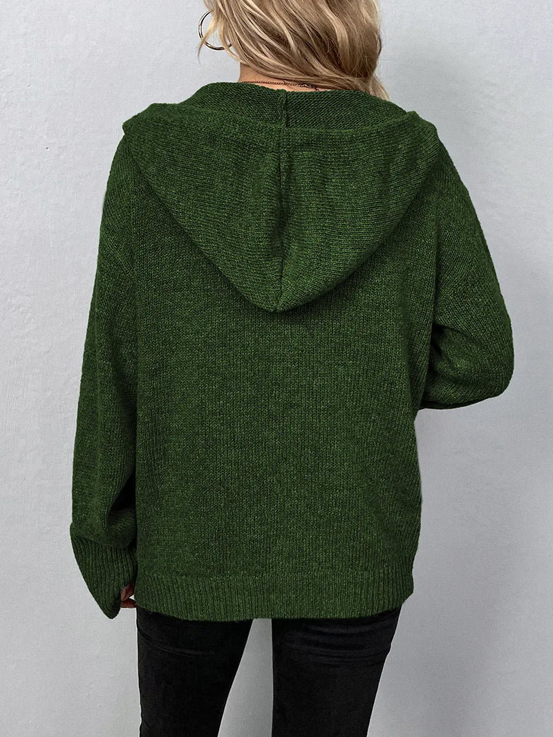 Kathryn - Lässiger Herbst Knopf-Verschluss Kordelzug Kapuzen Cardigan für Damen