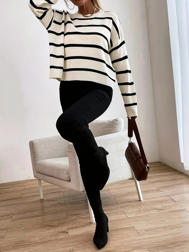 Julia - Lässiger Schwarz Weißer Lockerer Strickpullover für Damen