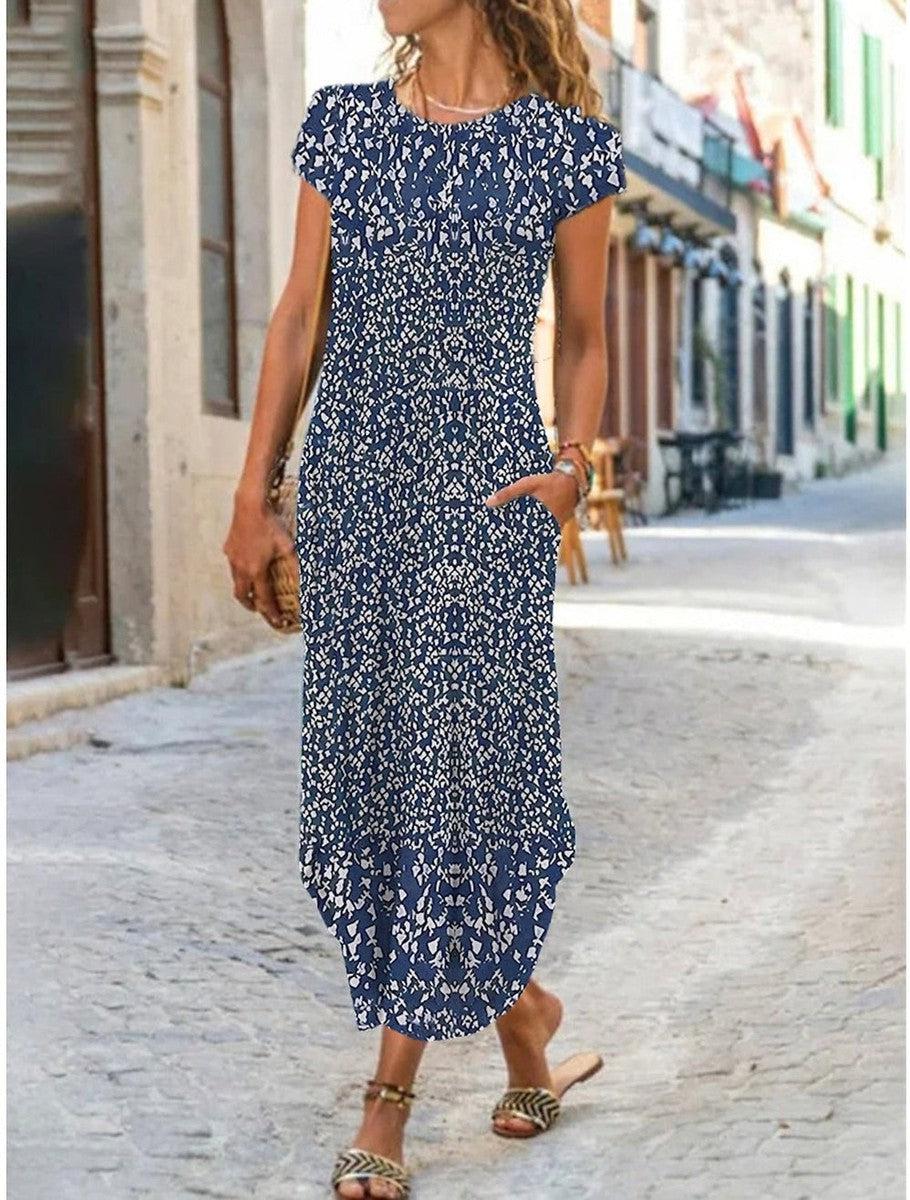 Königsblau Weiß Floral Print Rundkragen Maxikleid