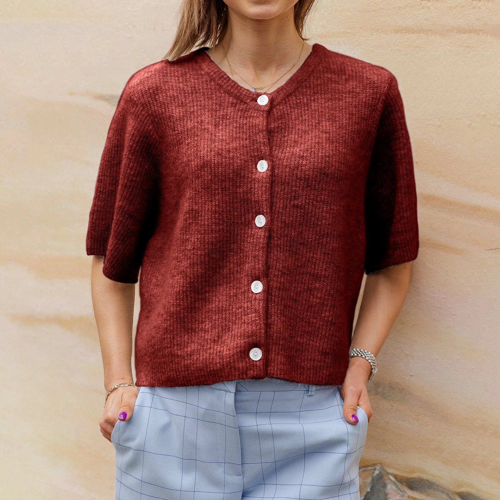 Luz | Rundhalsausschnitt Kurzarm-Strickjacke Streetwear