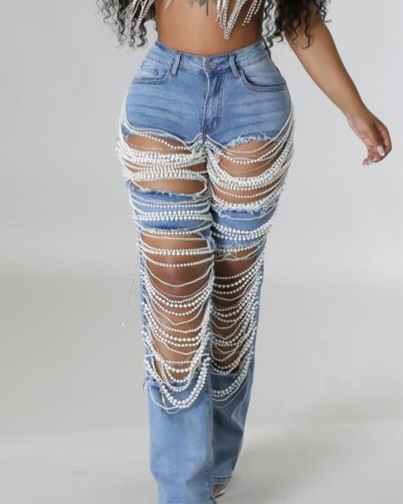 Zerrissene Jeans mit Verwaschenem Perlenkettenanhänger für Damen