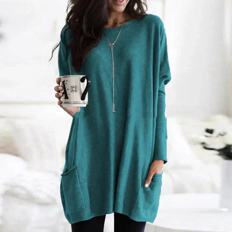 Langer Damenpullover mit Seitentaschen