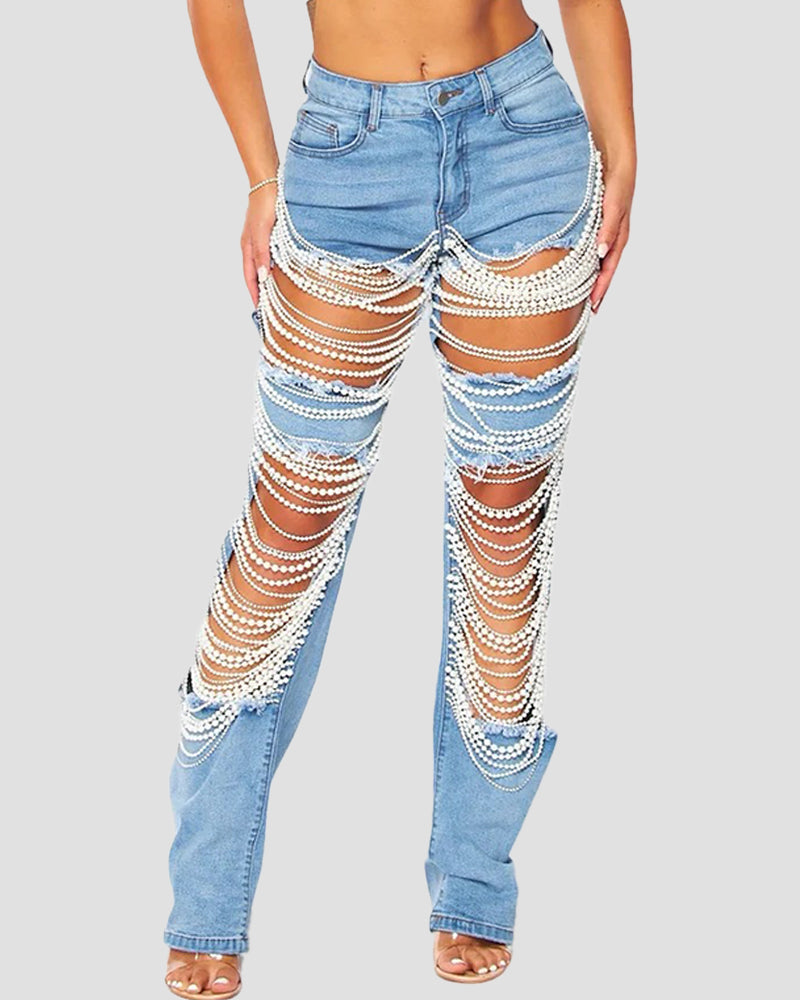 Zerrissene Jeans mit Verwaschenem Perlenkettenanhänger für Damen