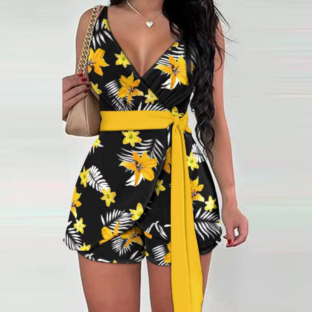Kurzer Jumpsuit Damen Polyester mit Abstraktem Druck, Tailliert und Bequem