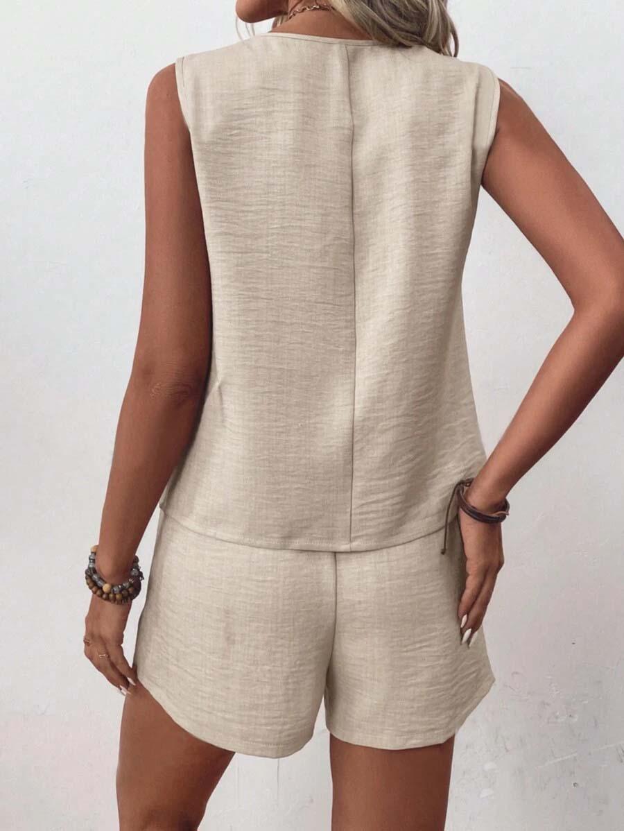 Khaki Unifarbenes ärmelloses zweiteiliges Set