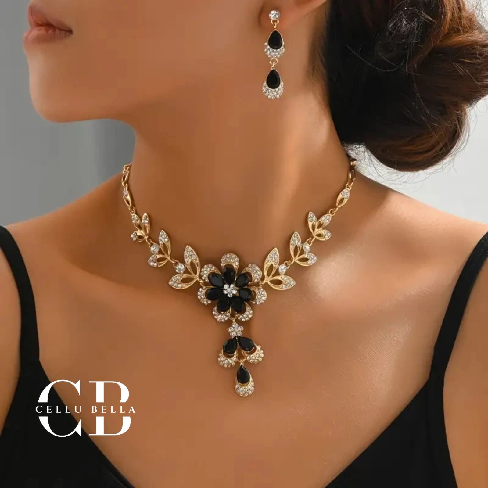 Amara-Schmuckset: Romantische Halskette & Ohrringe mit schwarzen Kristallen und Strass