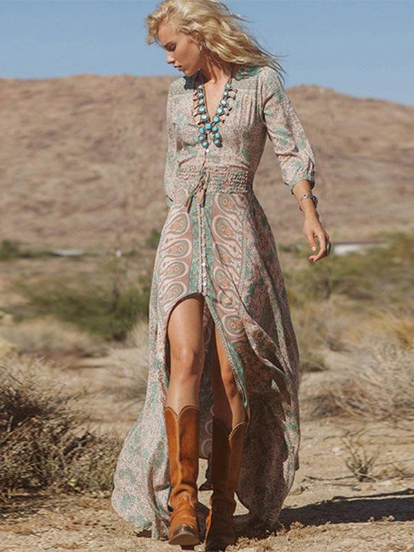 Langes Kleid mit Fransen aus Chiffon und Druck