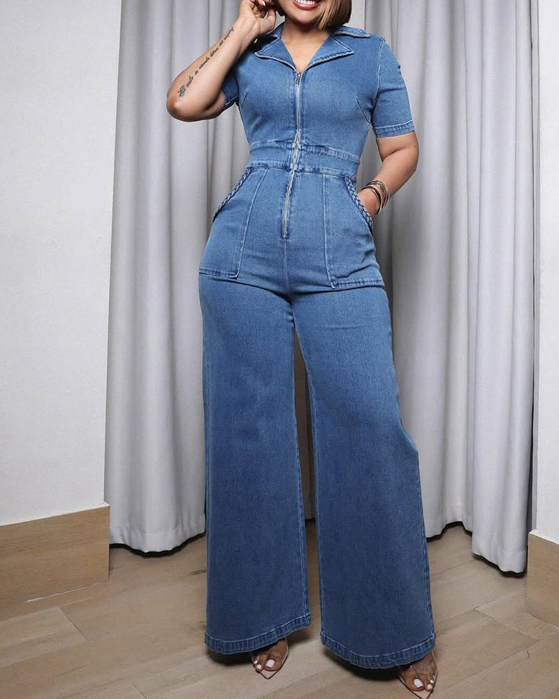 Lässiger Kurzärmliger Lockerer Gerader Jeans Overall mit Taschen für Damen (Vorverkauf)