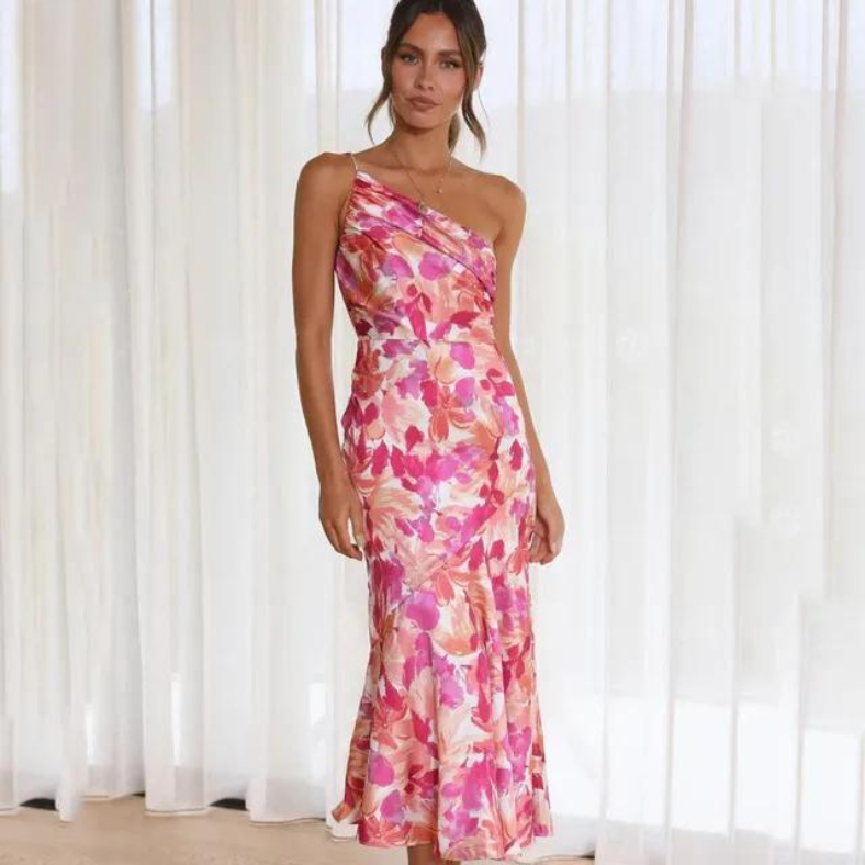 Kelly - Elegantes Sommerkleid mit schräger Schulter und Blumenmuster