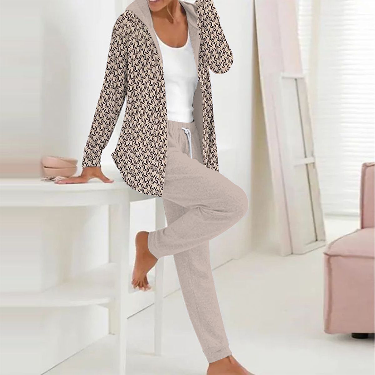 Khaki Langarm-Kapuzenpullover Zweiteiliges Set