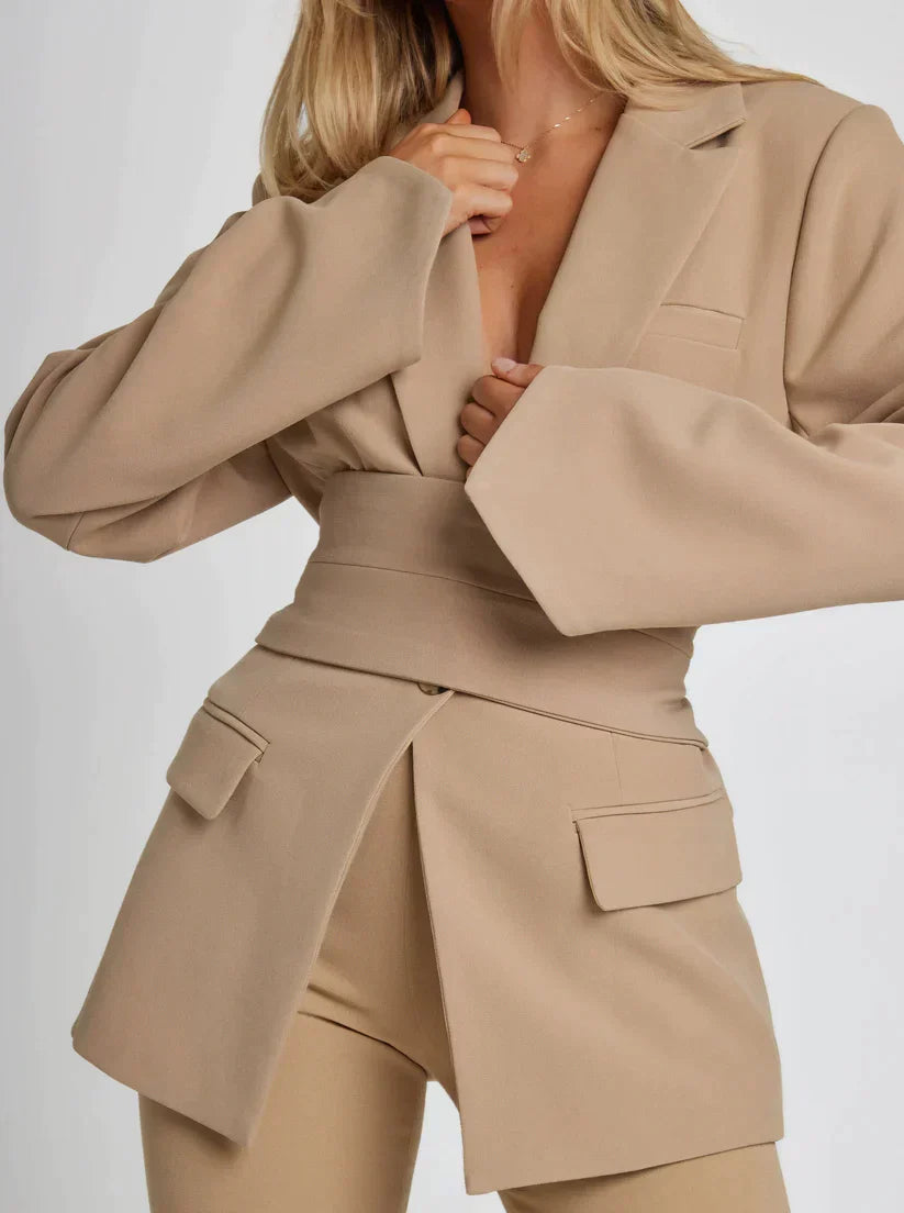Eleganter Blazer Damen Schwarz Tailliert Polyester mit Gürtel