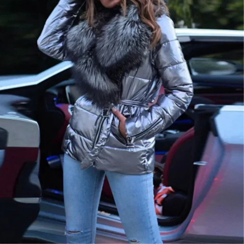 Gracelle | Damen Mode Winter Silber Mante | Kurz