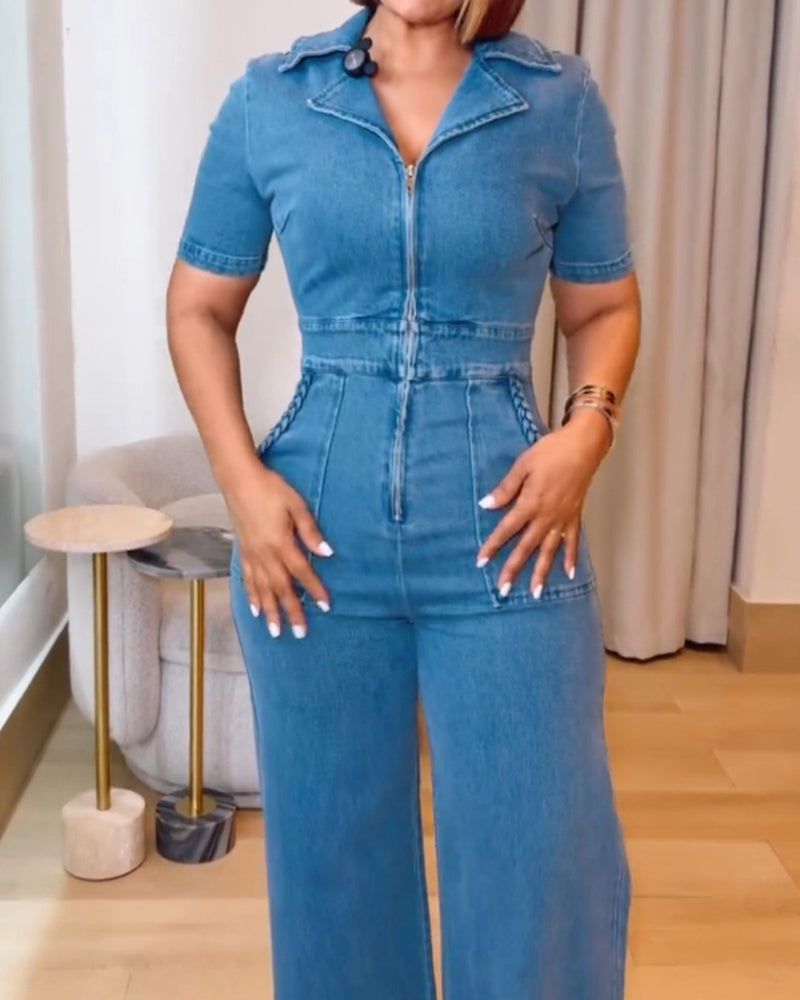 Lässiger Kurzärmliger Lockerer Gerader Jeans Overall mit Taschen für Damen (Vorverkauf)