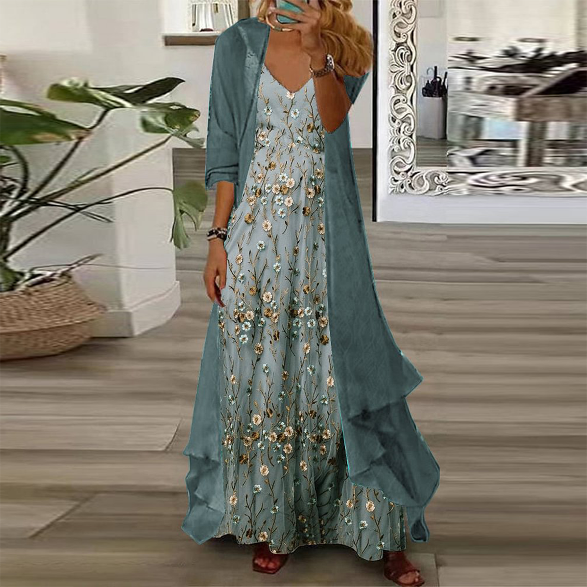 Youthful Ditsy Floral Print Maxi Kleid mit dünnen Jacke zwei Stück Outfits