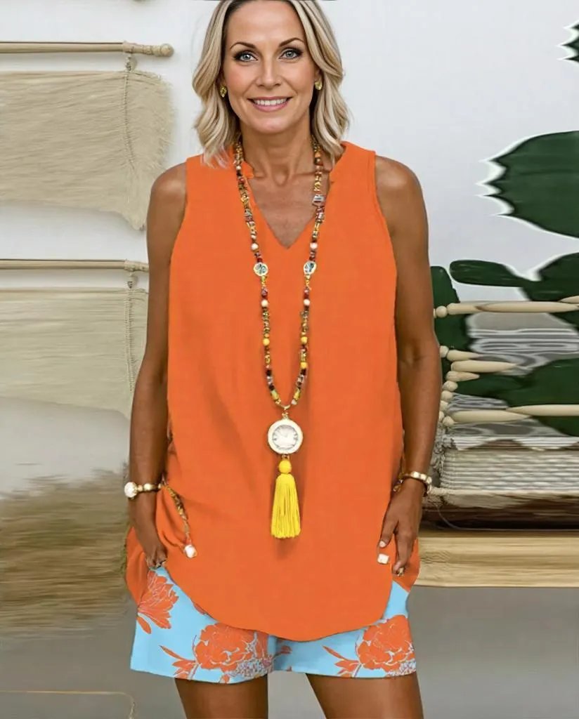 Zweiteiliges Set mit ärmellosem Druck in Orange