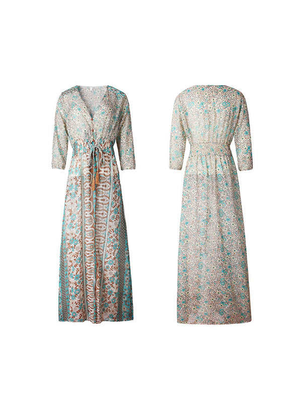 Langes Kleid mit Fransen aus Chiffon und Druck