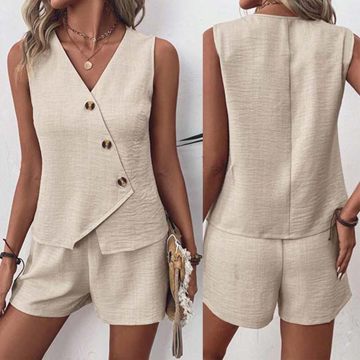 Khaki Unifarbenes ärmelloses zweiteiliges Set