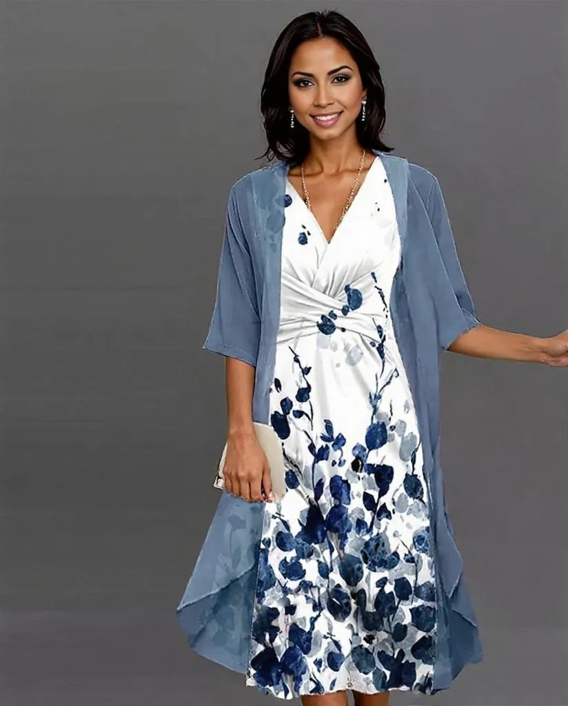 Zweiteiliges florales Midikleid mit dünner Jacke Zweiteilige Outfits