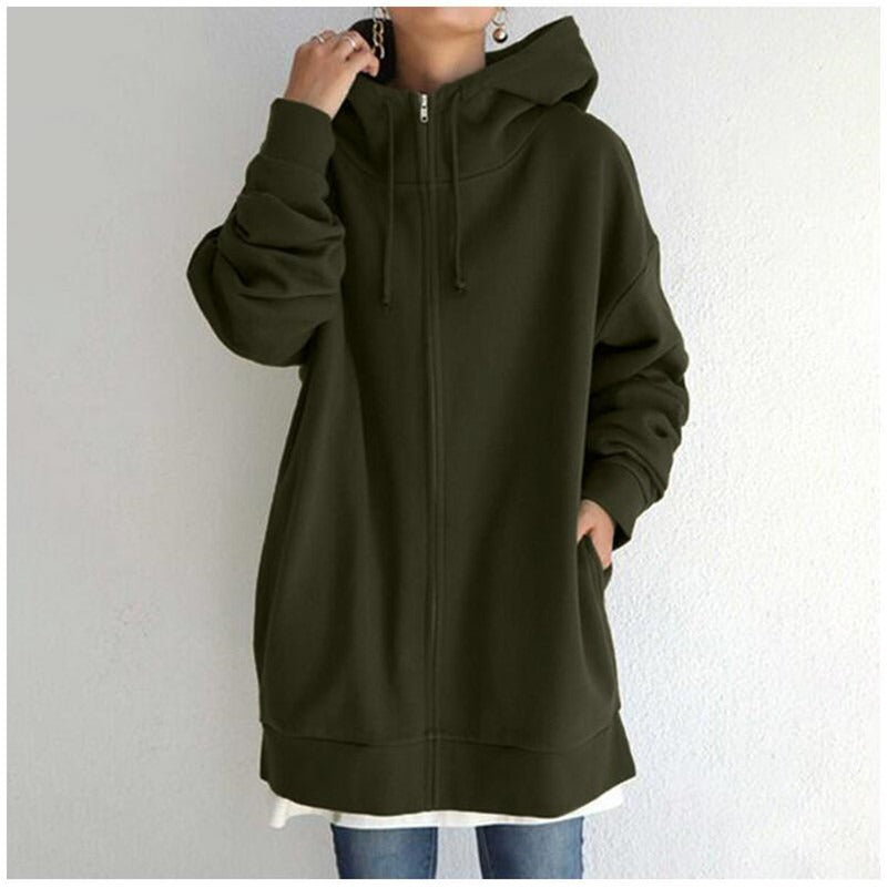 Lange Jacke mit Kapuze und Kordelzug für Damen