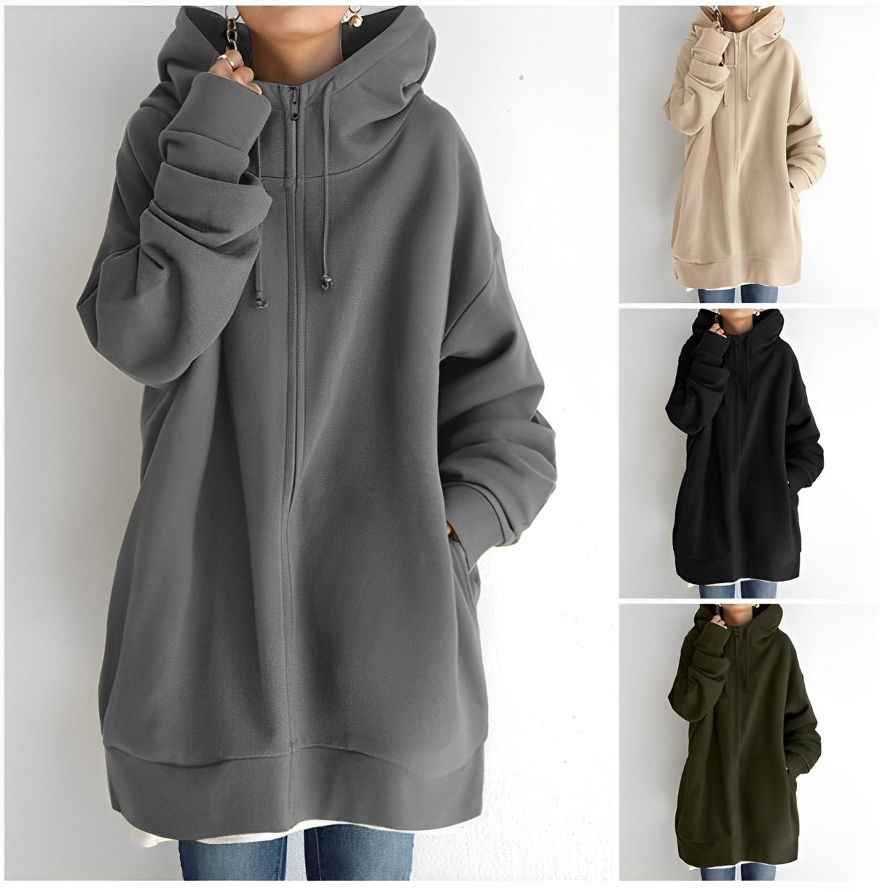 Lange Jacke mit Kapuze und Kordelzug für Damen
