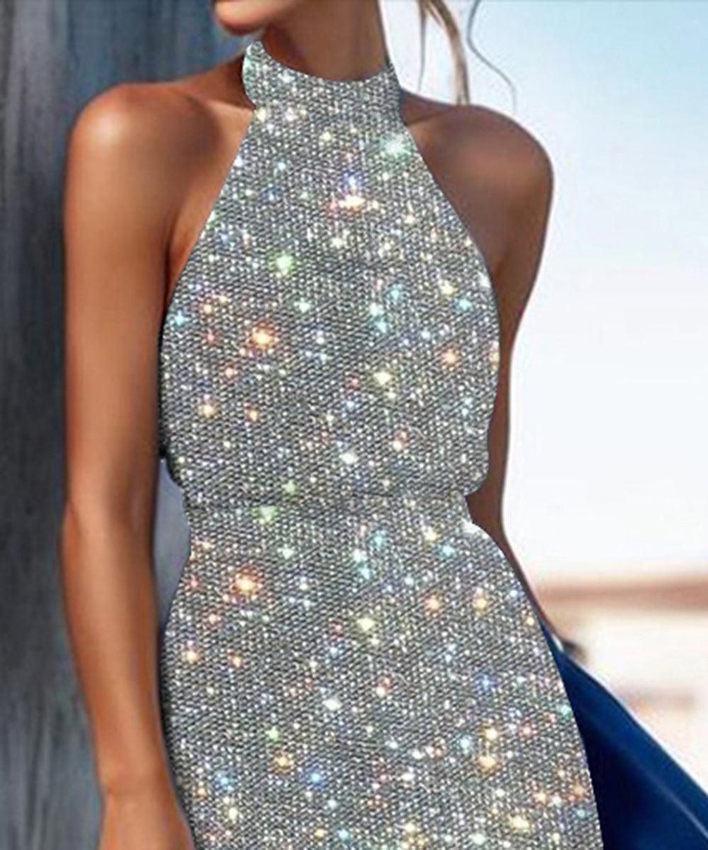 Wunderschönes Silbernes ärmelloses Maxikleid