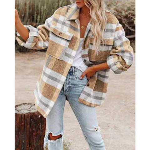 Cristi | Damen Lassige Plaid Kragen Jacke | Übergröße