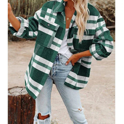 Cristi | Damen Lassige Plaid Kragen Jacke | Übergröße