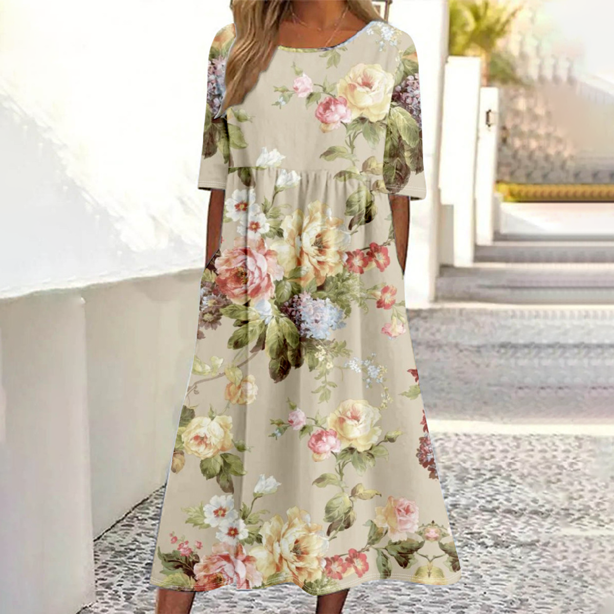 Khaki Seitentasche Rundhals Midikleid