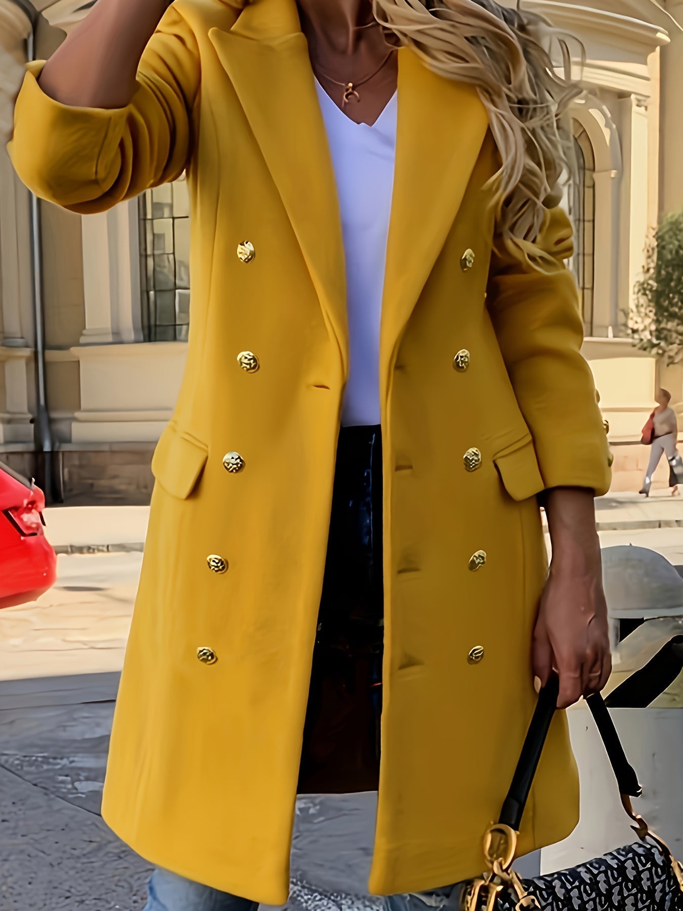 Audrey - Stilvolle Klassische Aarde Gelbe Doppelreihige Herbstjacke für Damen