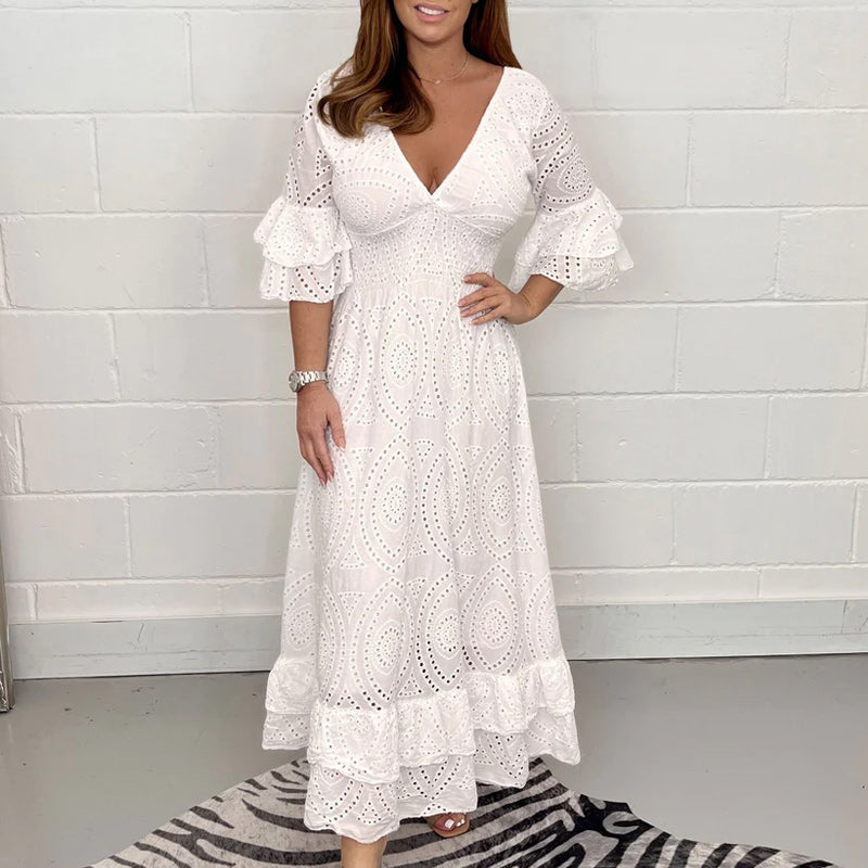 Midikleid Damen Baumwolle Mit Rüschenärmeln Elegant Sommerkleider Midi