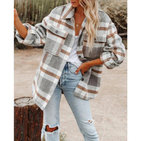 Cristi | Damen Lassige Plaid Kragen Jacke | Übergröße