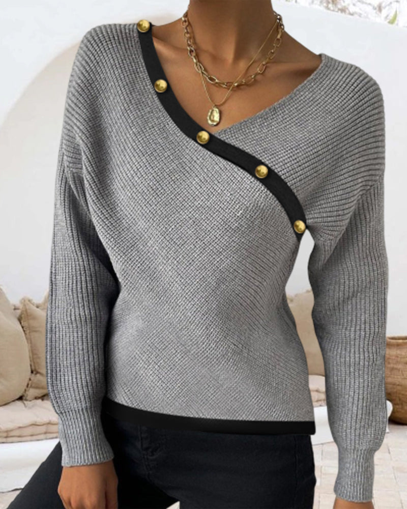 Lässiger Patchwork-Pullover mit V-Ausschnitt