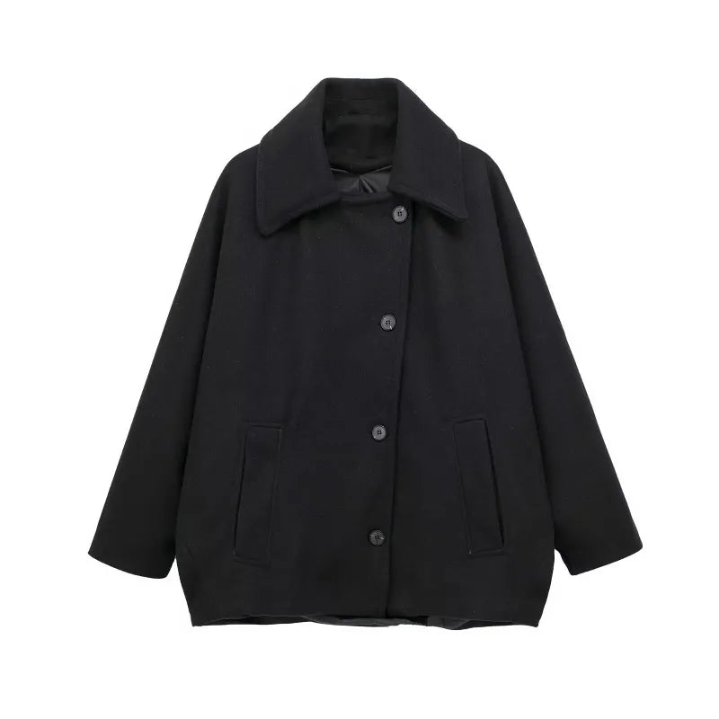Schwarzer Damenmantel A-Linie Wollmischung für Winter, Eleganter Mantel mit praktischen Taschen