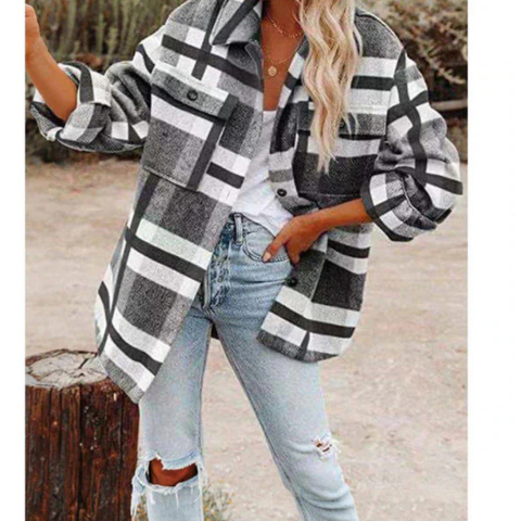 Cristi | Damen Lassige Plaid Kragen Jacke | Übergröße