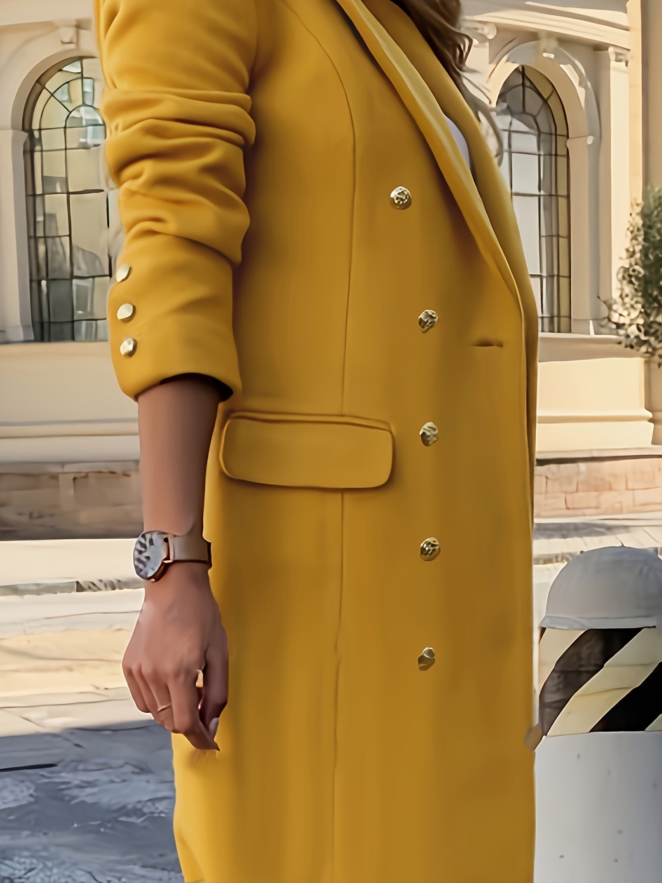 Audrey - Stilvolle Klassische Aarde Gelbe Doppelreihige Herbstjacke für Damen