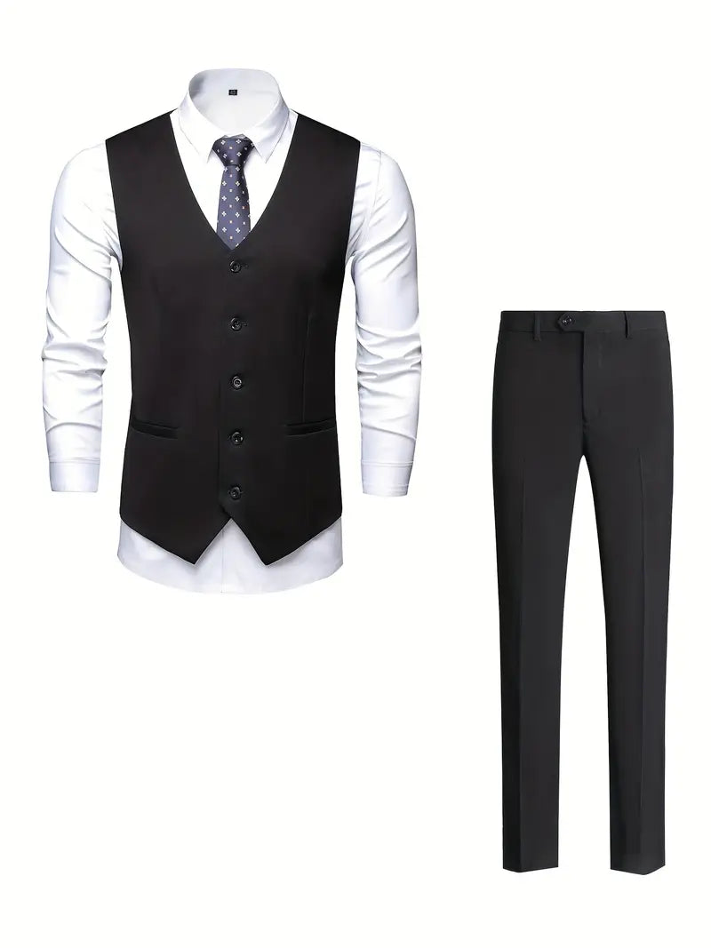 Slim Fit V-Ausschnitt Weste Jacke & Hose Set