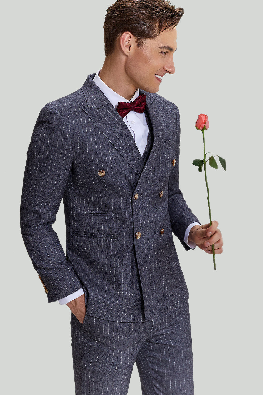 Herrenanzug Grau 3-teilig Polyester Nadelstreifen für Hochzeit und formelle Anlässe