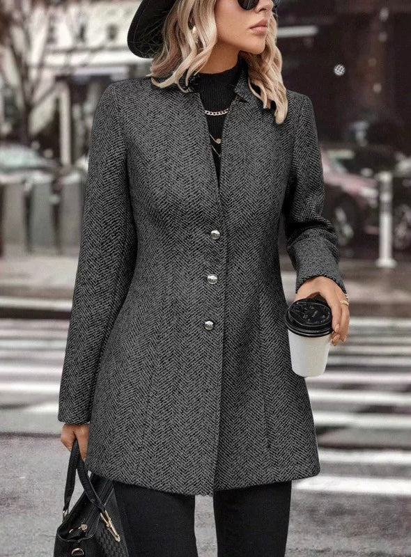 Damen Blazer Grau Schmal Polyester Langarm Mittellang