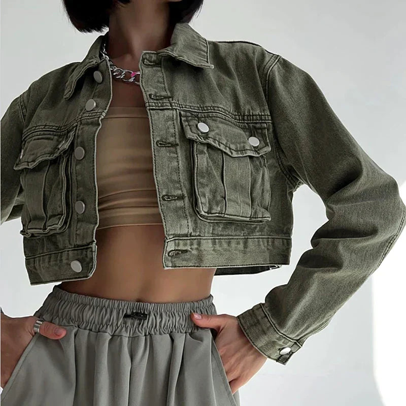 Judy - Lässige Frühling Grüne Kurze Jeansjacke für Damen