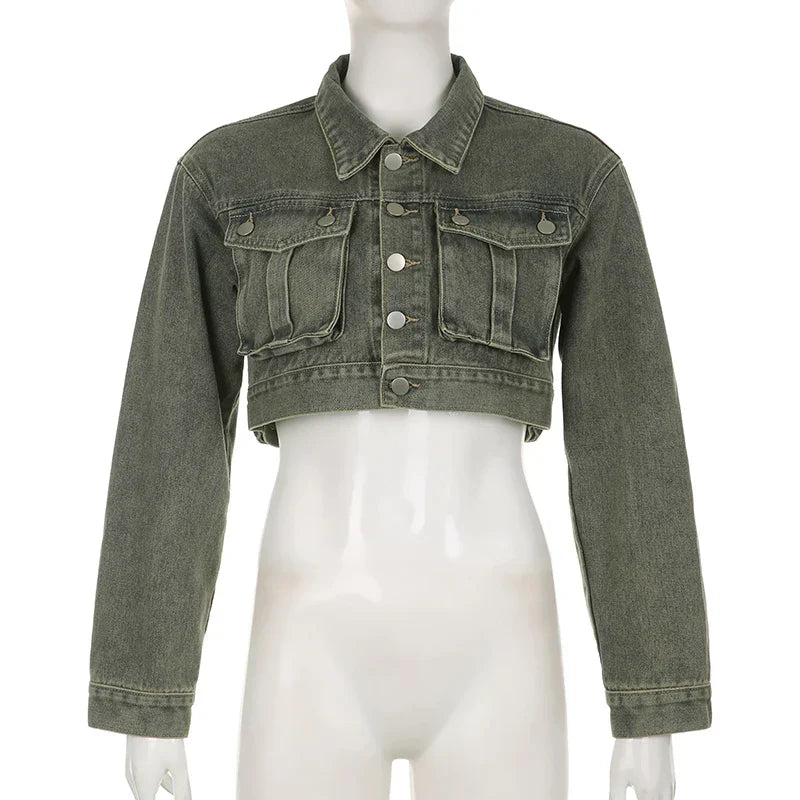 Judy - Lässige Frühling Grüne Kurze Jeansjacke für Damen