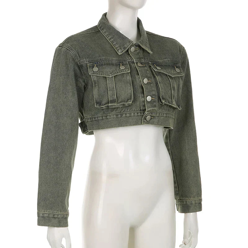 Judy - Lässige Frühling Grüne Kurze Jeansjacke für Damen