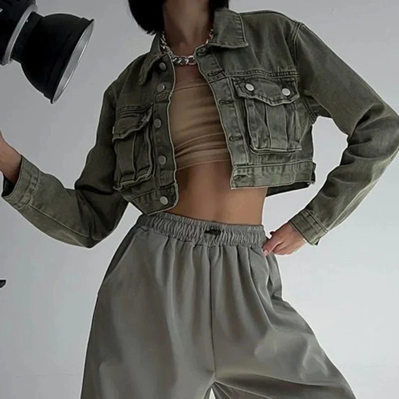 Judy - Lässige Frühling Grüne Kurze Jeansjacke für Damen