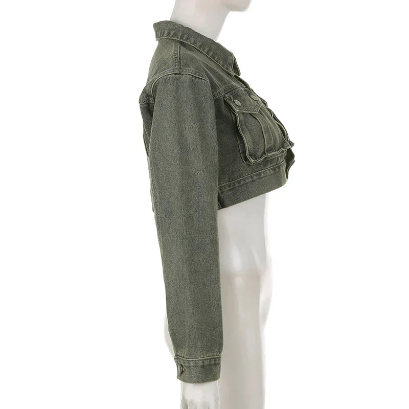 Judy - Lässige Frühling Grüne Kurze Jeansjacke für Damen