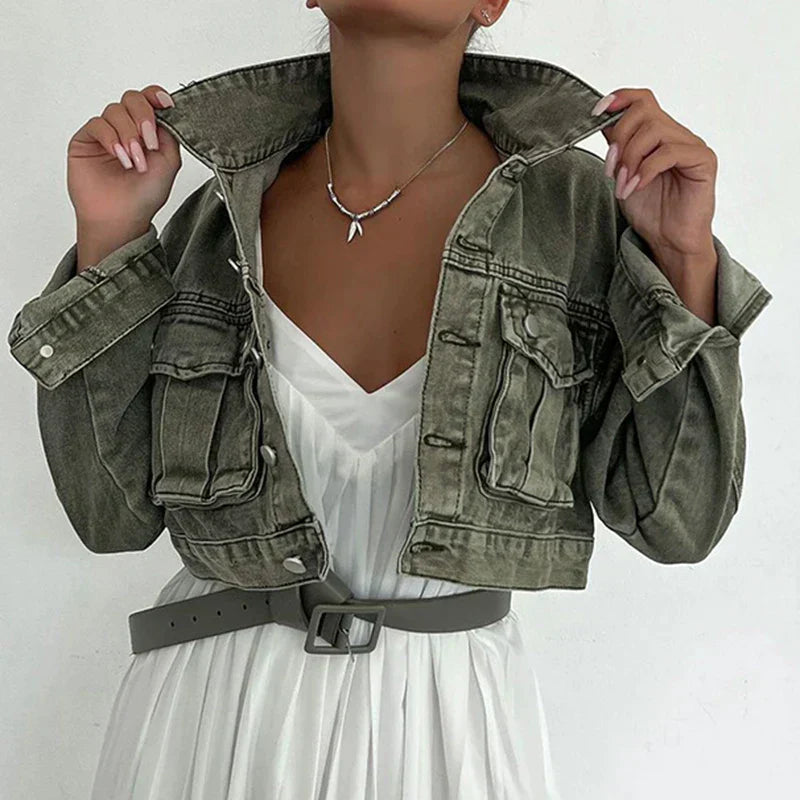 Judy - Lässige Frühling Grüne Kurze Jeansjacke für Damen