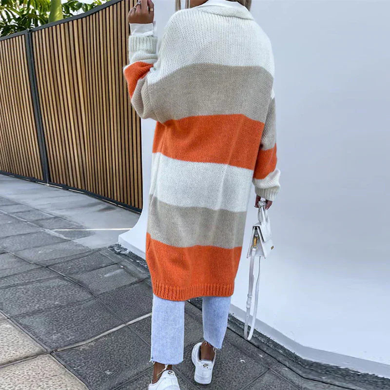 Joyce - Lässiger Herbst Color Block Offene Front Strickjacke für Damen