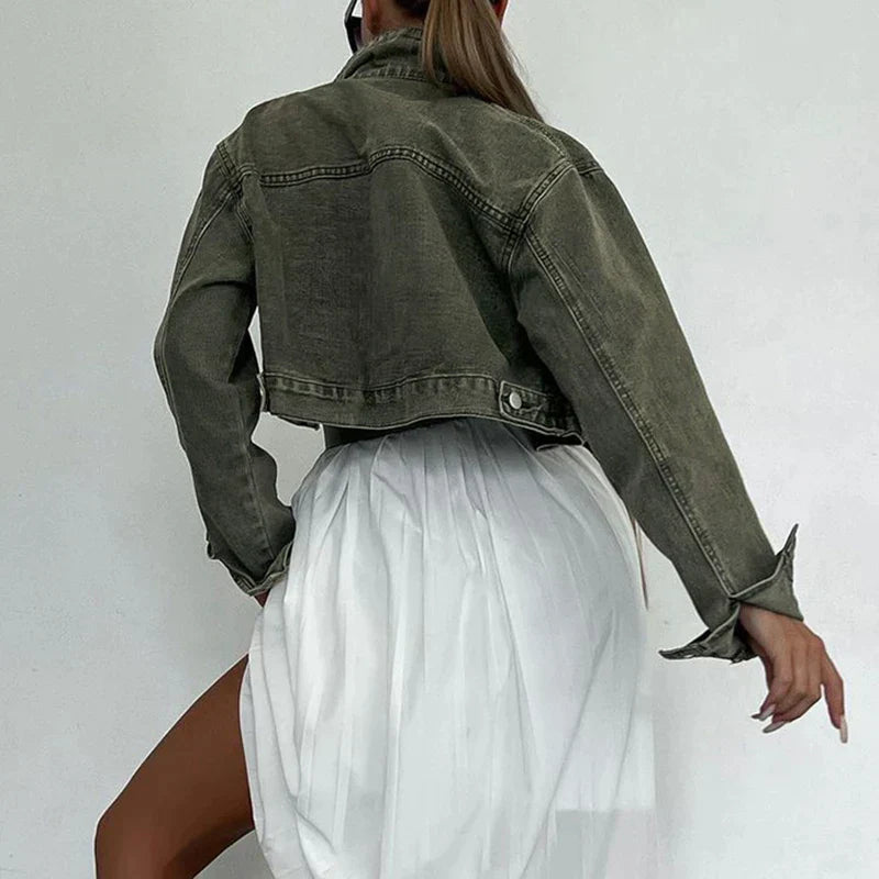 Judy - Lässige Frühling Grüne Kurze Jeansjacke für Damen